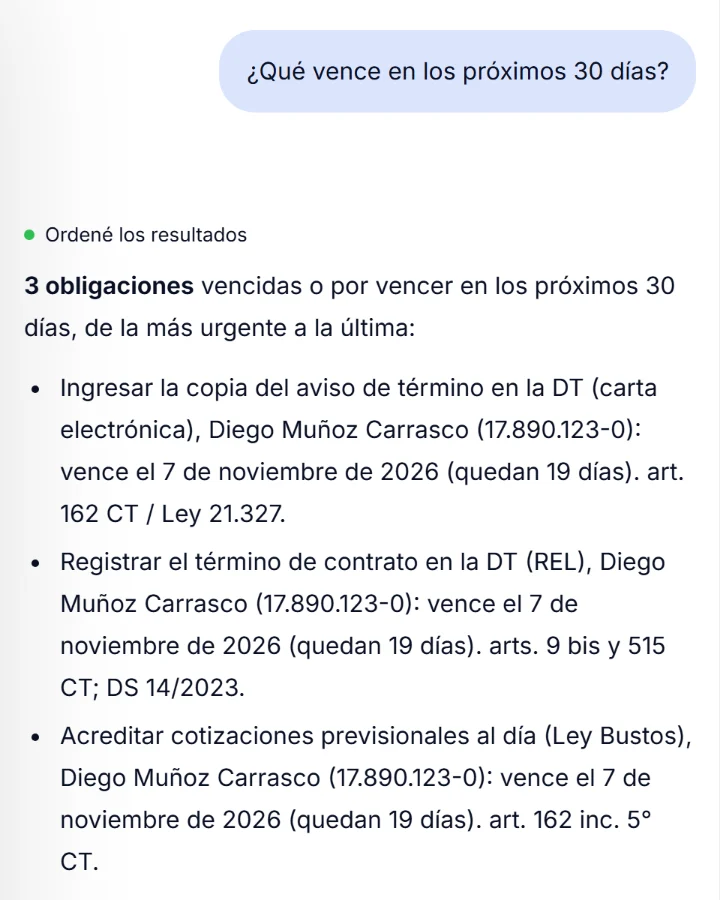 Leo respondiendo qué vence en los próximos 30 días