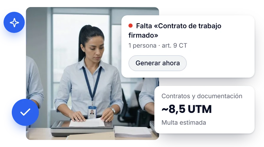 Un hallazgo del simulador, la falta del contrato firmado, con su botón «Generar ahora» y la multa estimada