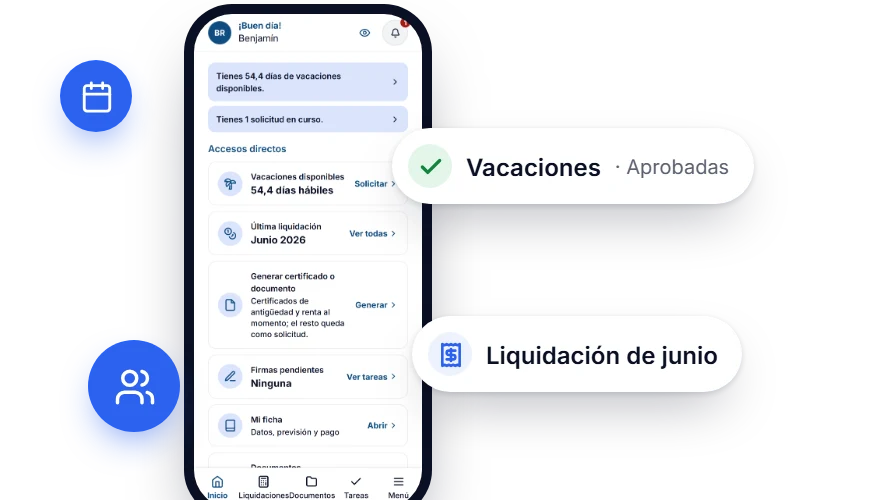 El portal del colaborador en el celular, con sus vacaciones aprobadas y su liquidación