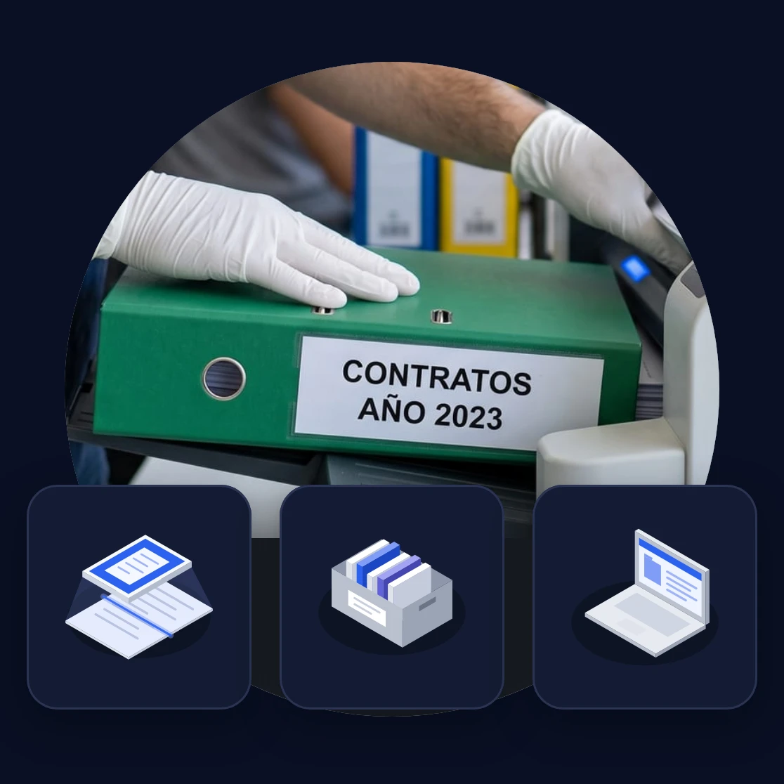 Una persona del equipo de LeoBack digitaliza un archivador de contratos