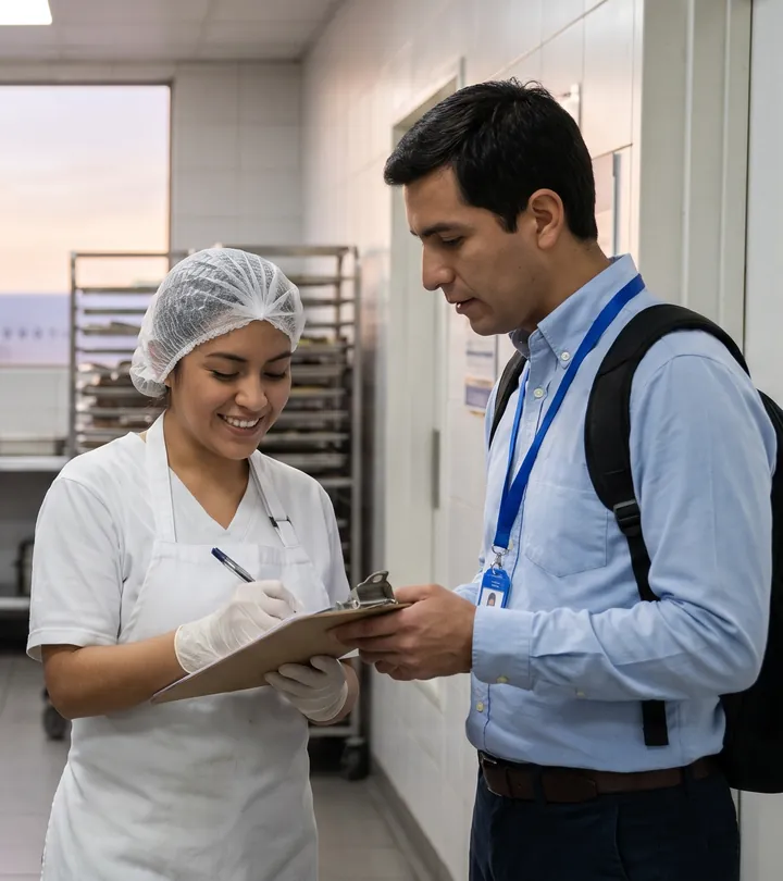 Un especialista de LeoBack revisa un documento con una colaboradora en una cocina de catering aéreo