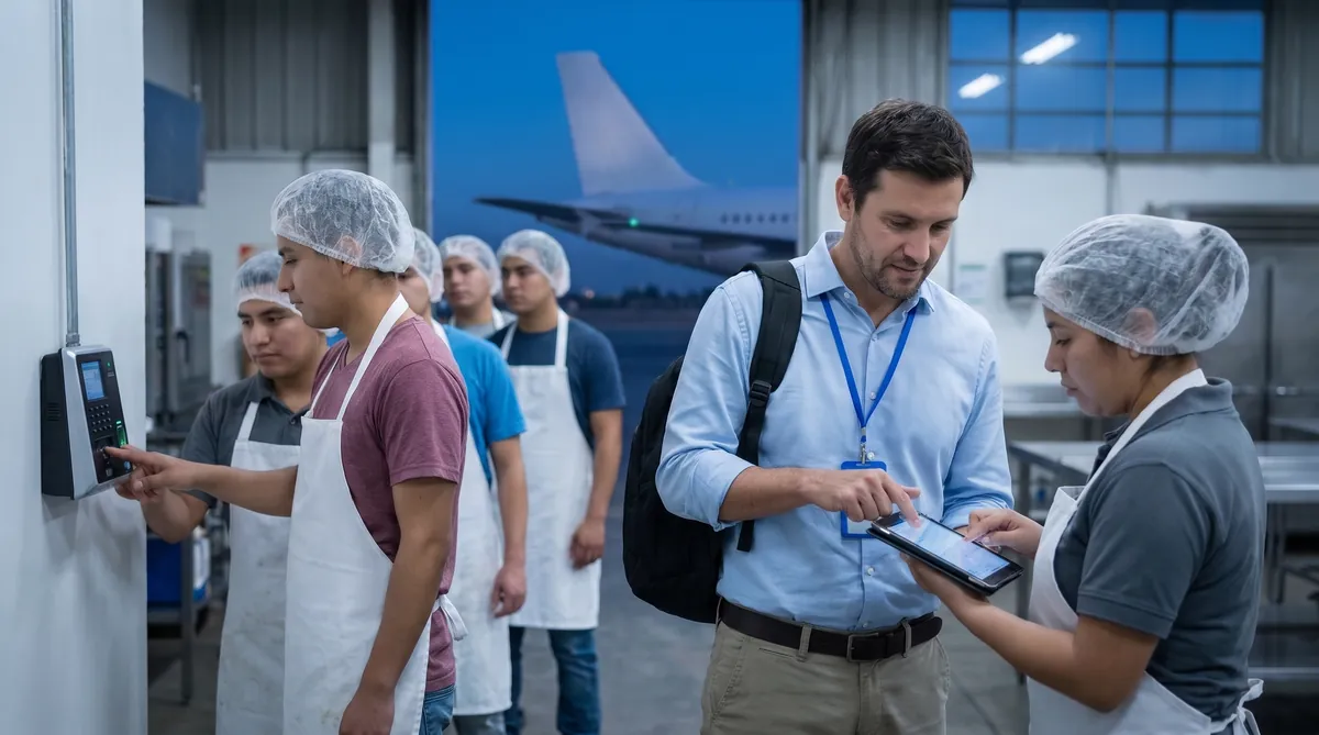Manipuladores de alimentos marcan su entrada en el reloj control mientras se revisa la asistencia del turno