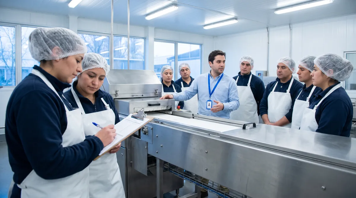Operarios de una planta de alimentos firman la asistencia de una charla de inducción