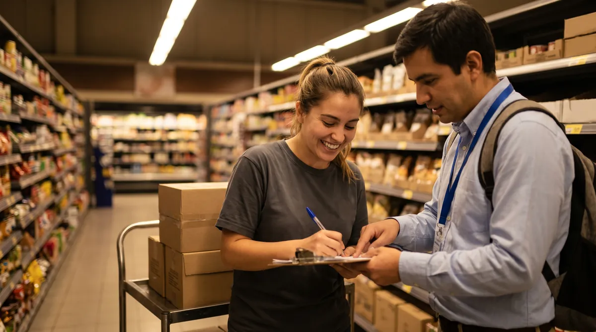 Una reponedora firma su contrato en el pasillo de un supermercado, de noche