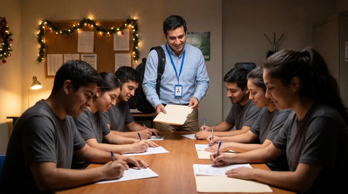 Reponedores firmando sus contratos de temporada en un supermercado, de noche